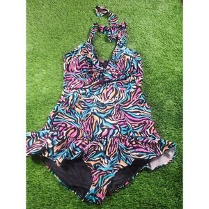 Torrid size 1 Womens Multicolor Zebra Animal Print Halter Ruffle Skirt Swimsuit